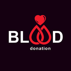 Blood donation inscription made with heart shape and blood drops. Healthy lifestyle conceptual symbol.