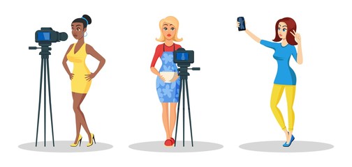 Vector set with young beautiful women recording video, tutorial, webinar, filming on camera, taking selfie on smartphone for their lifestyle, fashion, culinary vlogs, blogs. Cartoon vector on white.