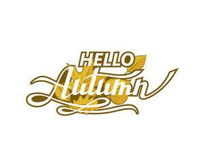 hello autumn lettering label with woody leaves isolated on white background