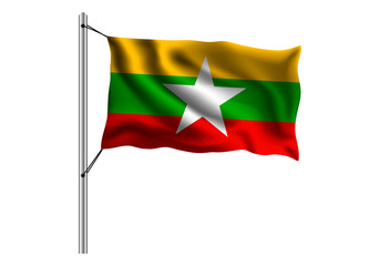 Waving Myanmar flag on flagpole on isolated background, flag of Myanmar, vector illustration