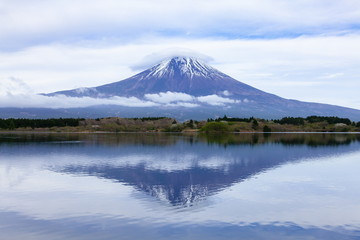 Fototapeta premium 逆さ富士と笠雲、静岡県富士宮市田貫湖にて