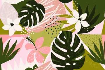 Crédence de cuisine en verre imprimé Rose clair Collage motif floral contemporain sans couture. Illustration moderne de fruits et de plantes exotiques de la jungle en vecteur.