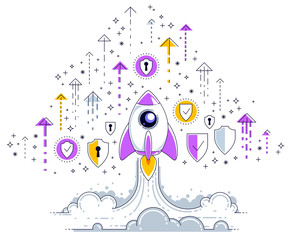 Fototapeta premium Startup rockets take off, space rockets flying start up business concept, vector illustration.