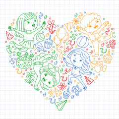 Vector illustration in cartoon style, active company of playful preschool kids jumping, at a party, birthday. Drawing by colorful pen on squared notebook.