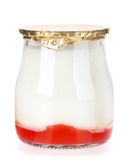 Yogurt with fruit jam isolated on white background with clipping path