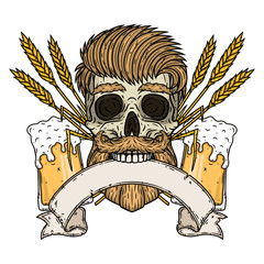 Skull with ears of wheat, glass of beer and ribbon for your text.