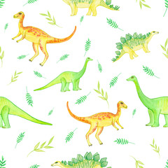  watercolor pattern with cute dinosaurs. Orange and green monsters. Kids design