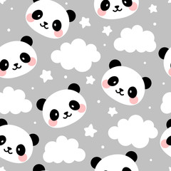 Panda seamless pattern background, happy cute panda in the sky with cloud moon and star, cartoon panda vector illustration for kids nordic background with stars dot, Scandinavian style baby bedroom