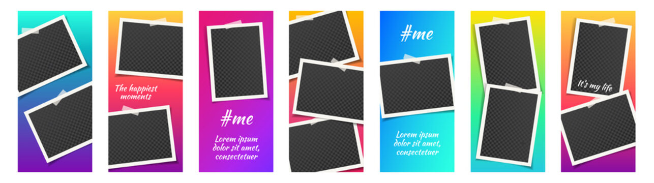 PrintStory template kit for social media with bright gradient background. Set with empty photo frames. Mockup trendy concept set. Insta abstract editable banner pack. Instagram story backgrounds.