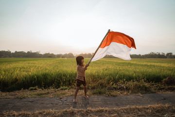 asian little girl flapping Indonesian flag with spirit in the rice field