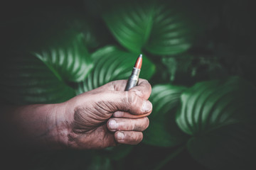 a whole ammunition in dirty children’s hands on a background of green foliage