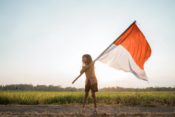 asian little girl flapping Indonesian flag with spirit in the rice field