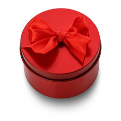 Single round red gift box with red bow