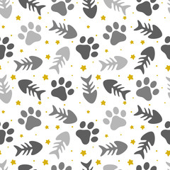 Obraz na płótnie Canvas pet paw, fish bone and dog bone seamless pattern background, animal vector illustration