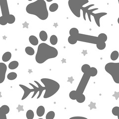 pet paw, fish bone and dog bone seamless pattern background,  animal vector illustration