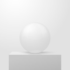 Vector 3D realistic marble ball on the grey podium, isolated on white background.