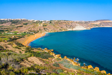 Ramla bay beach on Gozo island. Aerial view from Tal-Mixta Cave. Malta