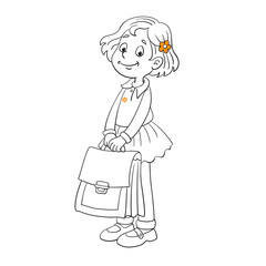 Little cute girl with a big school bag.  Black and white picture with orange accent. In cartoon style. Isolated on white background. For coloring book.
