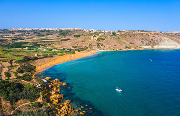 Ramla bay beach. Gozo island. Aerial view from Tal-Mixta Cave. Malta country