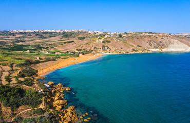 Obraz premium Ramla bay beach. Gozo island. Aerial view from Tal-Mixta Cave. Malta