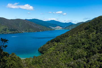 Looking down the length of the beautiful and stunning Marlborough Sound and the surrounding hills at the top of the South Island, New Zealand on a sunny day.