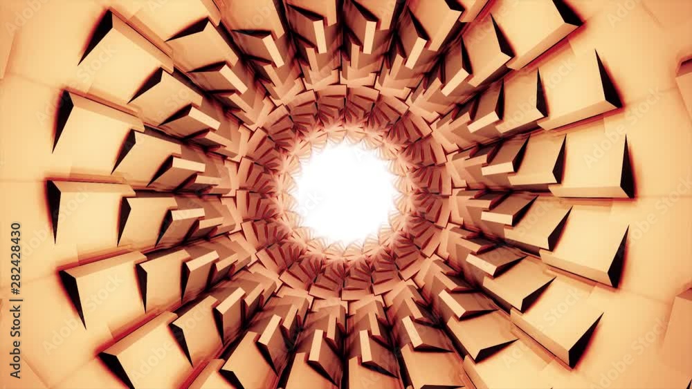 Poster flying inside cyber tunnel in endless motion with rotating parts of its shell, 3d effect. animation.
