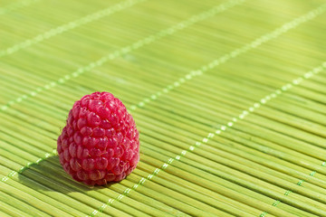 One raspberry berry on a green background