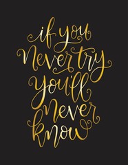 Fototapeta na wymiar If you never try you'll never know, hand lettering, motivational quotes