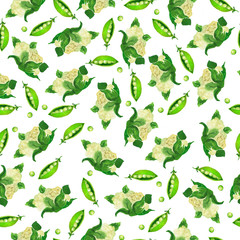 Fototapeta na wymiar Seamless pattern with fresh cauliflower and green peas on white background. Hand drawn watercolor illustration.
