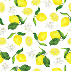 Seamless pattern with yellow fresh lemons with green leaves, white flowers and juicy lemon slices on white background. Hand drawn watercolor illustration.