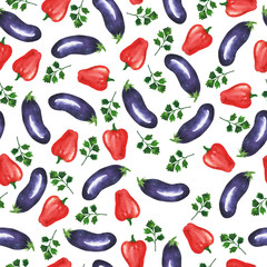 Seamless pattern with red bell peppers, violet eggplants and green parsley on white background. Hand drawn watercolor illustration.