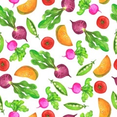 Seamless pattern with fresh green pees, beetroot, radishes, tomato and pumpkin slices on white background. Hand drawn watercolor illustration.