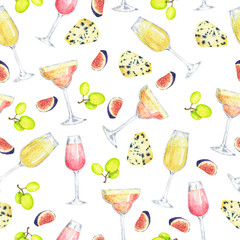 Seamless pattern with sparkling wine glasses, grapes, figs and cheese on white background. Hand drawn watercolor illustration.