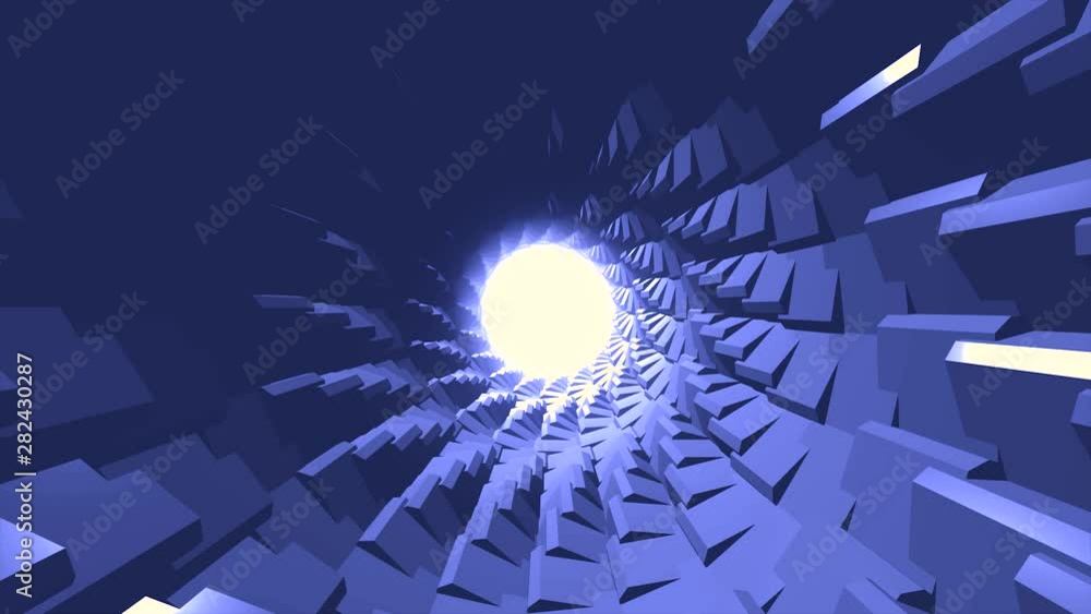 Poster flying inside cyber tunnel in endless motion with rotating parts of its shell, 3d effect. animation.