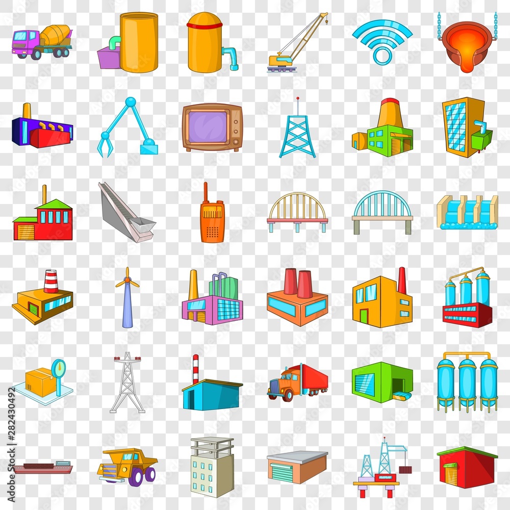 Poster factory icons set. cartoon style of 36 factory vector icons for web for any design