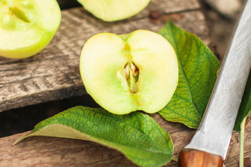 apple, fruits and petals (yellow and green variety of apples, cut into pieces slices). top food background. copy space