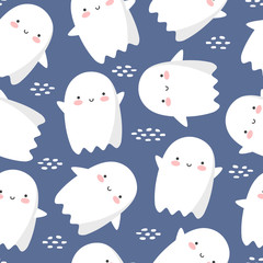 Halloween cute ghost pattern, seamless background, holidays cute ghost cartoon character, halloween cute icon flying ghost logo, vector illustration