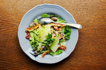 Beautiful served food on plates in restaurant