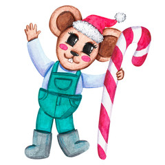 Mouse holding a Christmas candy. New year.