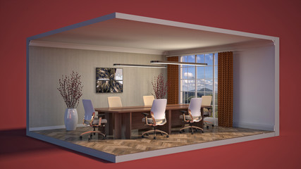 Office interior in a box. 3D illustration