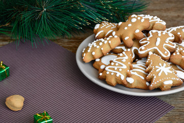 New Year's party ideas for kids. Christmas snack, cookies in shape of trees. Christmas homemade ginger cookies