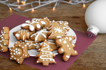 New Year's party ideas for kids. Christmas snack, cookies in shape of trees. Christmas homemade ginger cookies