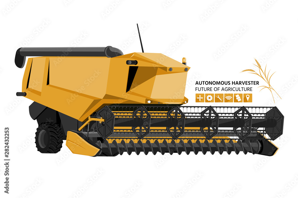 Poster Set of autonomous combine harvester. Vector illustration EPS 10