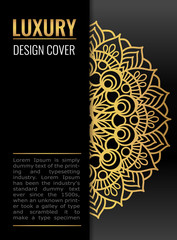 Black cover with gold beautiful mandala. Golden vector flower on dark background. Decorative ornate round mandala. Invitation, wedding card.