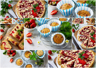 Collage summer baking. Strawberry pastries - cake, pie and muffins on a stone table.