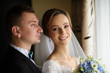 Young wedding couple enjoying romantic moments