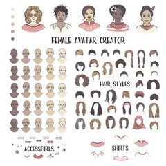 Female avatar creator - hand drawn faces and hairstyles to create your own personal profile picture - 282434284