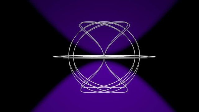 Spatial spherical body, designed from silver wire, rotating about horizontal axis and making kaleidoscopic ornaments on black background with purple area. Fantasy mysterious animation. Full HD quality