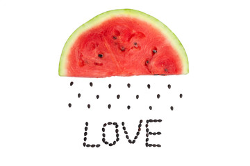 watermelon on white background The word love made of watermelon seeds. A slice of watermelon. Watermelon in the form of a cloud from which it rains from the seeds.