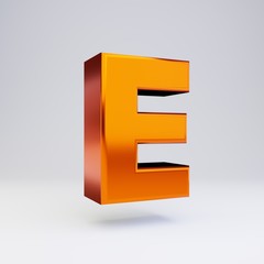 3d letter E uppercase. Hot orange metallic font with glossy reflections and shadow isolated on white background.